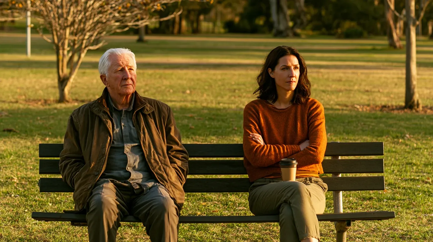 An older father with white hair and his adult daughter sitting silently on a park bench during a serious conversation.