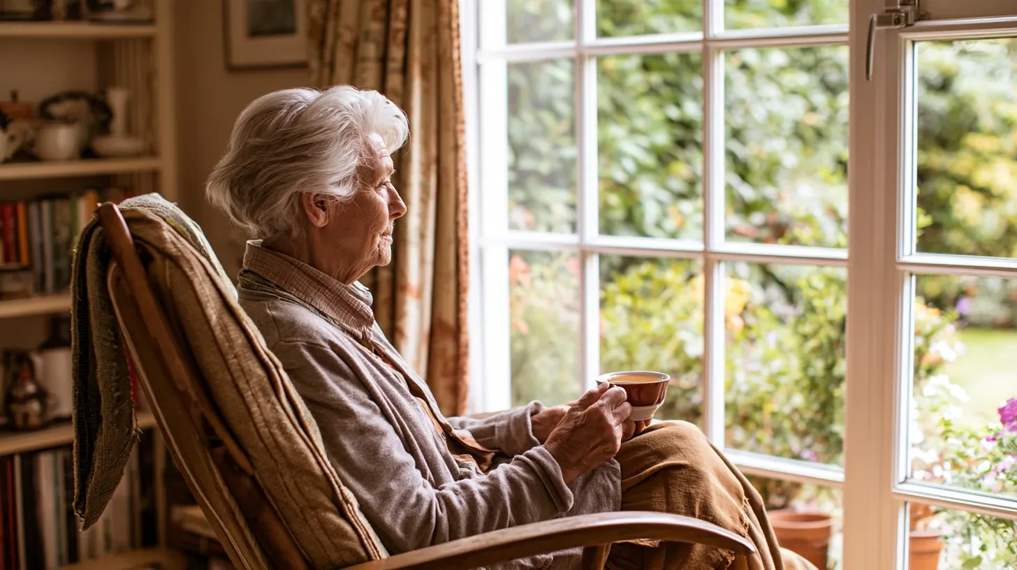 An older woman sitting comfortably in an armchair holding a teacup while gazing out a sunny window in her home.