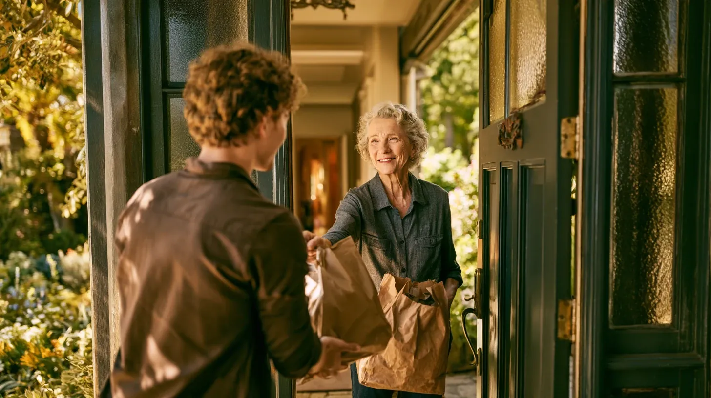 A smiling older woman standing at her front doorway receiving brown paper grocery bags delivered by a young adult.