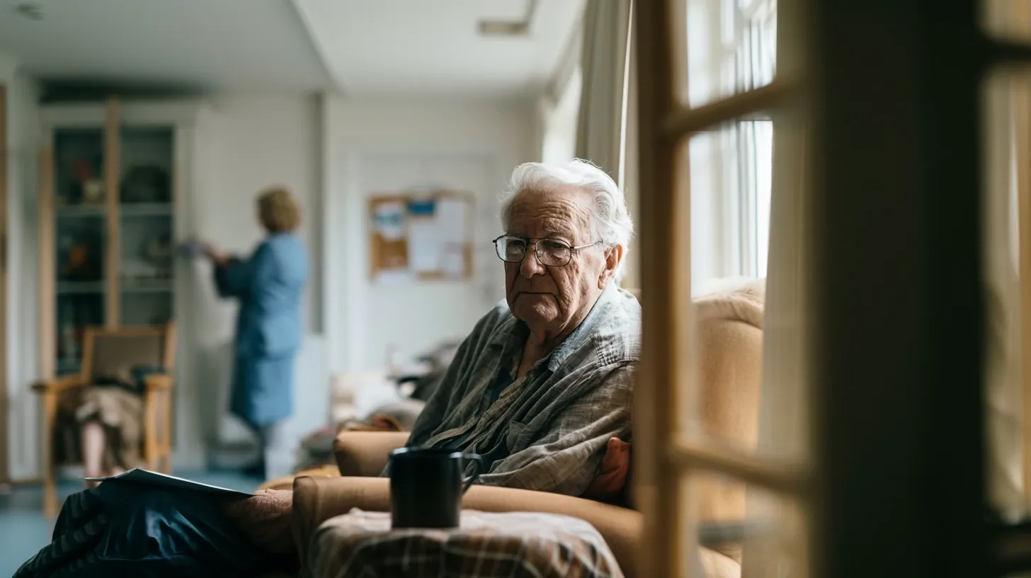 Older man sitting in a comfortable armchair with a black coffee mug, while a caregiver works attentively in the background.