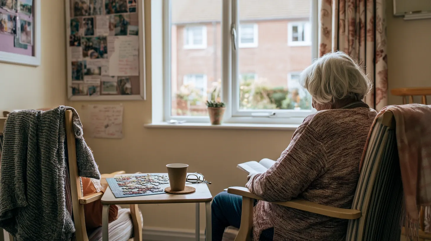 Older woman reading in an armchair next to a window with personal photo boards and an in-progress jigsaw puzzle nearby.