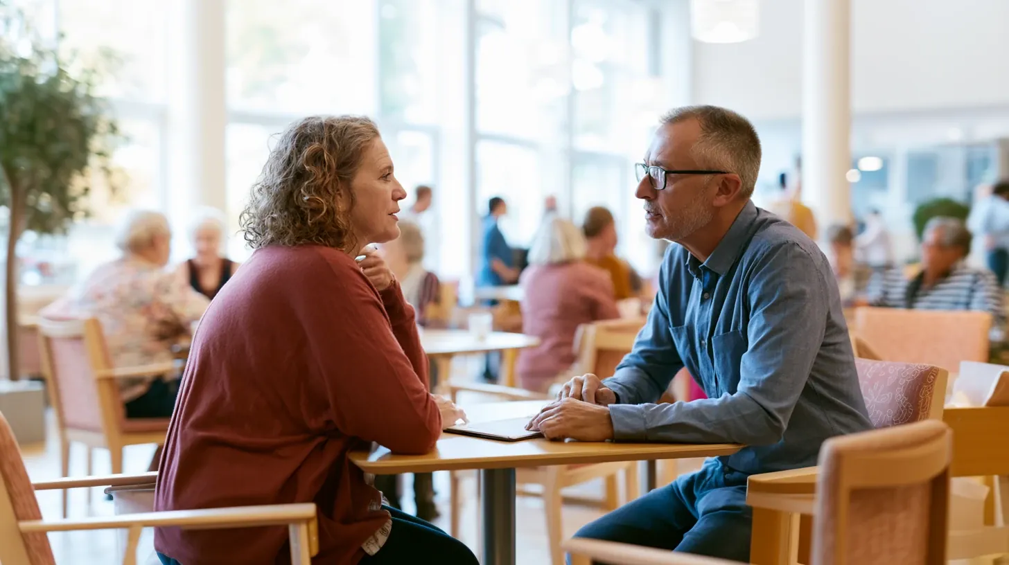 A middle-aged man in a blue button-down shirt and glasses sits across a table from a woman in a rust-colored cardigan, engaging in a serious conversation. They are in a bright, open dining room of a senior living community with other residents visible in the background. This scene highlights a family or staff conversation about senior care plans, tracking behavior patterns, and addressing care concerns.