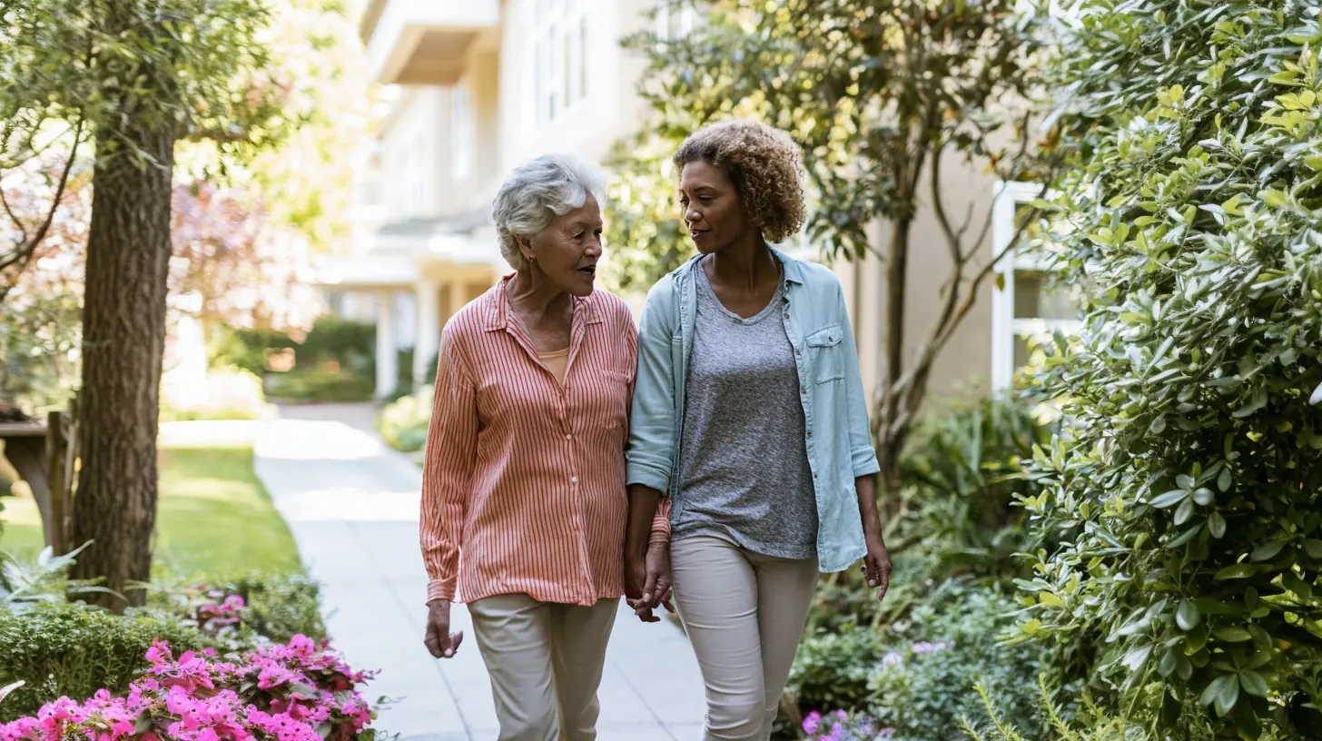 An older woman with short grey hair and her younger adult daughter walk hand-in-hand along a paved path through a landscaped garden. The older woman, in a striped shirt, is speaking with an earnest expression, while the daughter, in a denim shirt, listens attentively. Modern buildings, likely a senior living community, and flowering bushes are in the background. This image captures the close bond and supportive listening needed for difficult conversations about aging and care, such as when a parent expresses a desire to go home.
