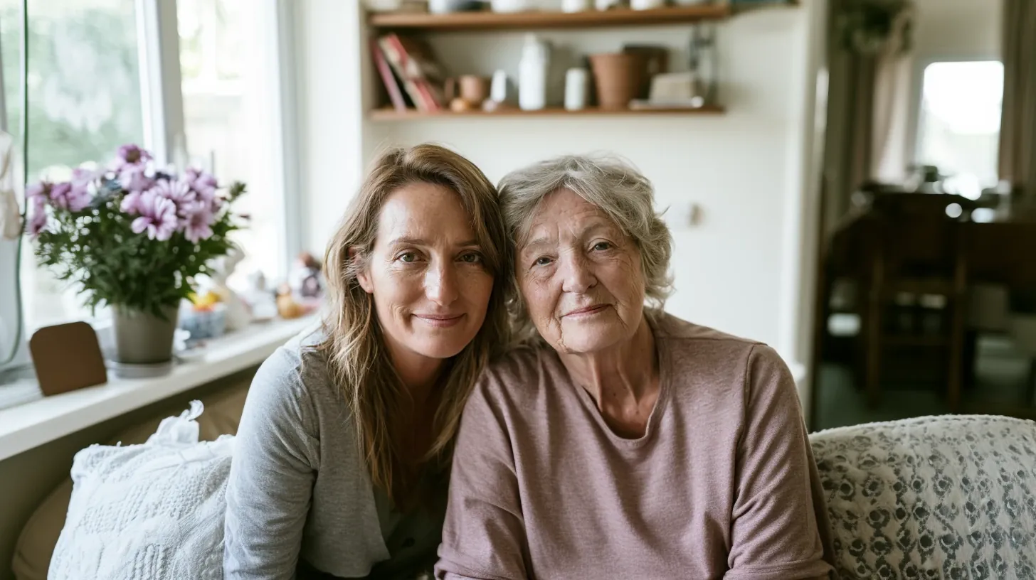 A smiling older woman with gray hair and a smiling adult daughter with light brown hair sitting close together on a couch, indoors, looking at the camera. A window with purple flowers is to the left.