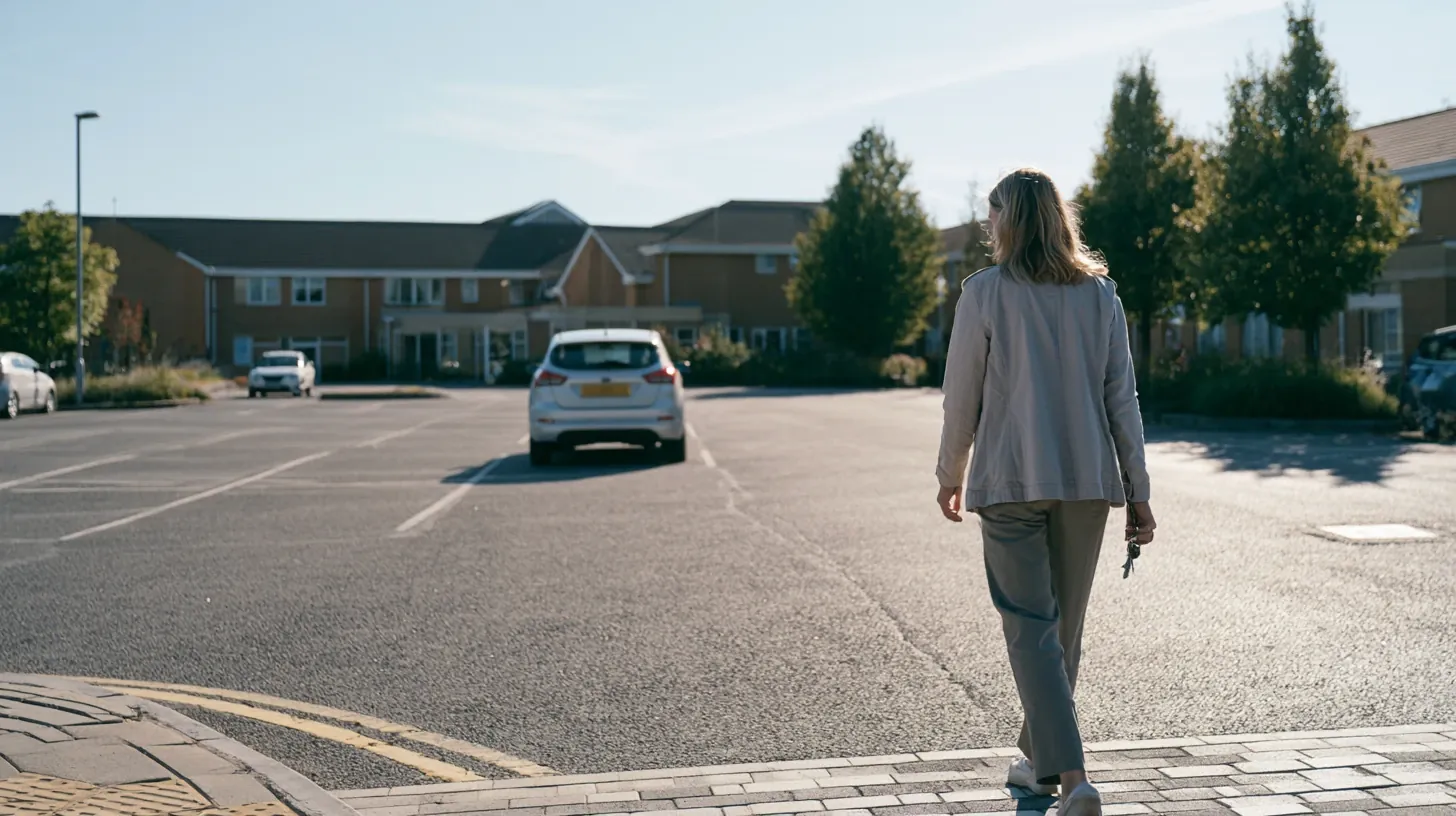 A woman holding keys in her hand viewed from behind as she walks across a parking lot toward a residential senior living building on a sunny day.