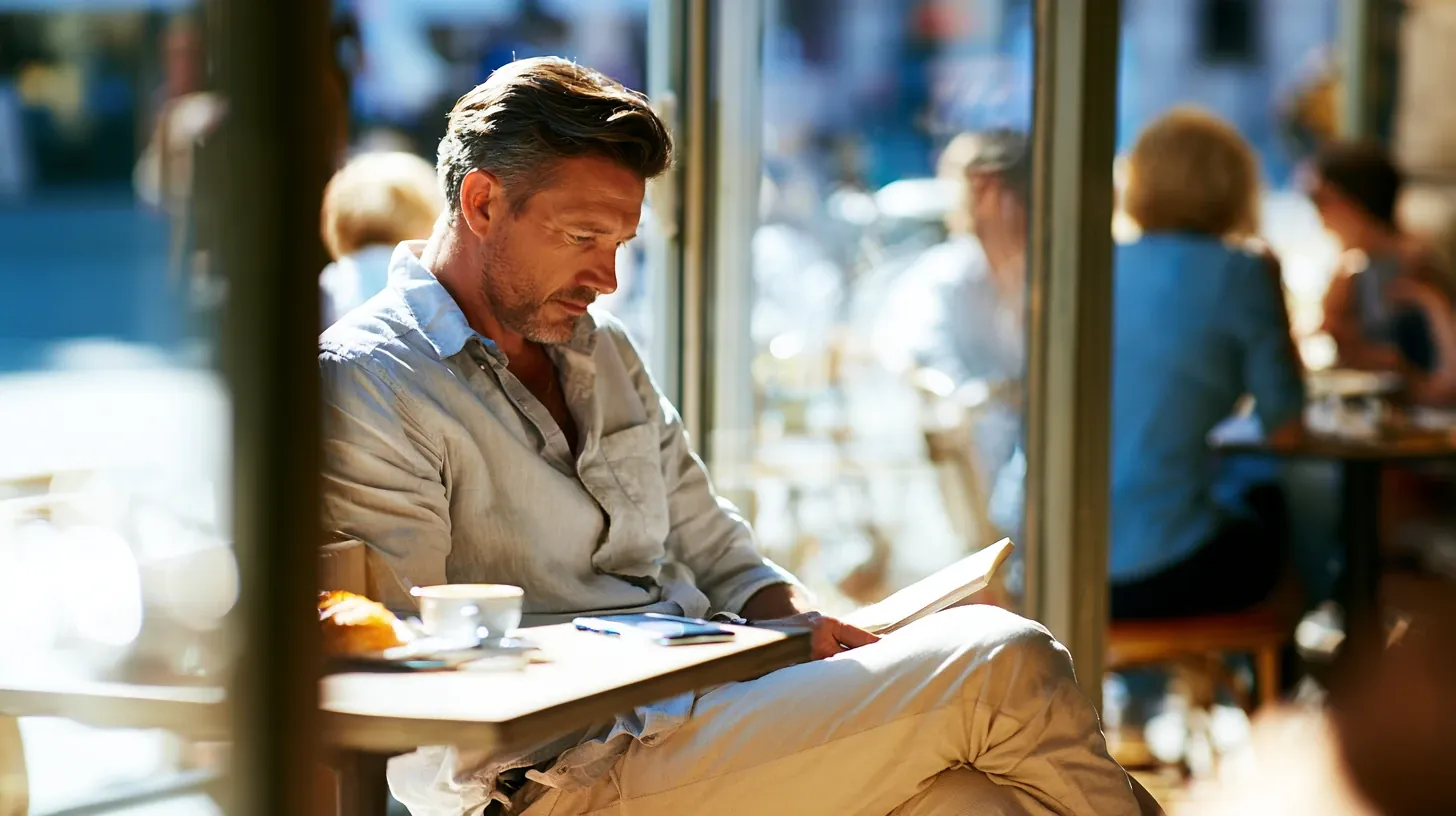 A middle-aged man sitting comfortably in a sunny cafe by a window, focused on reading a book with a coffee and smartphone on his table.