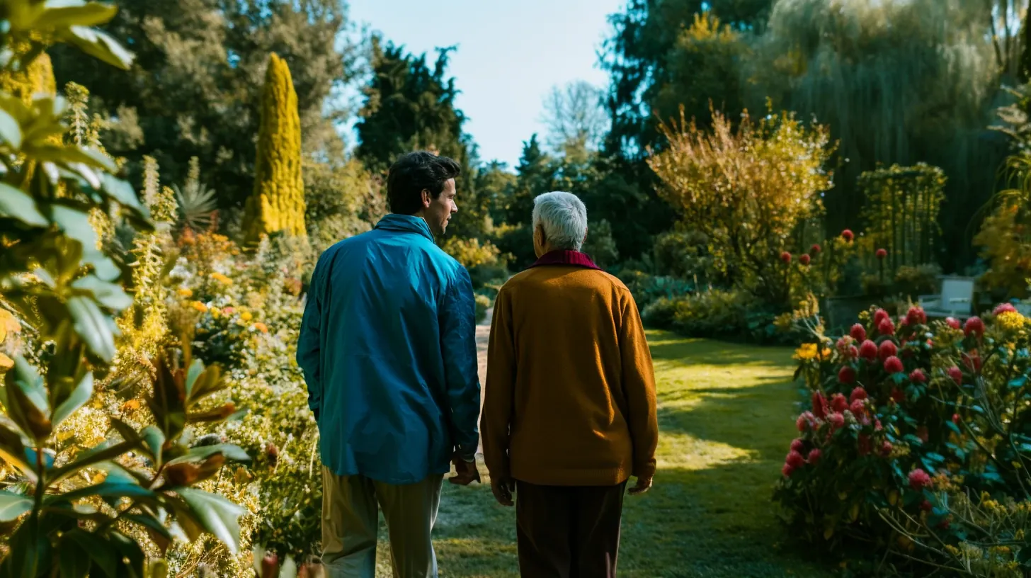 View from behind of a man in a blue jacket walking side by side and conversing with an older parent in a yellow sweater along a path through a lush outdoor garden.
