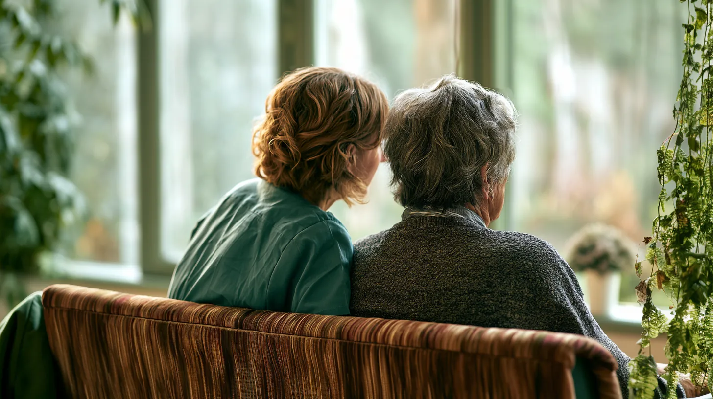 A caregiver sitting on a sofa with an older woman, both looking out a large window, representing thoughtful care and emotional support.