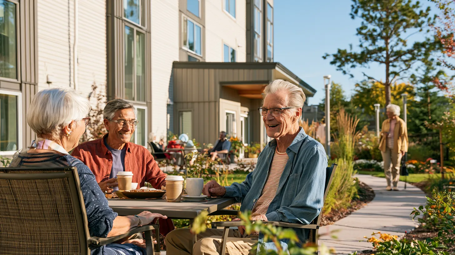 A group of happy older adults sitting at an outdoor table with coffee, enjoying a sunny day on the grounds of a senior living community.