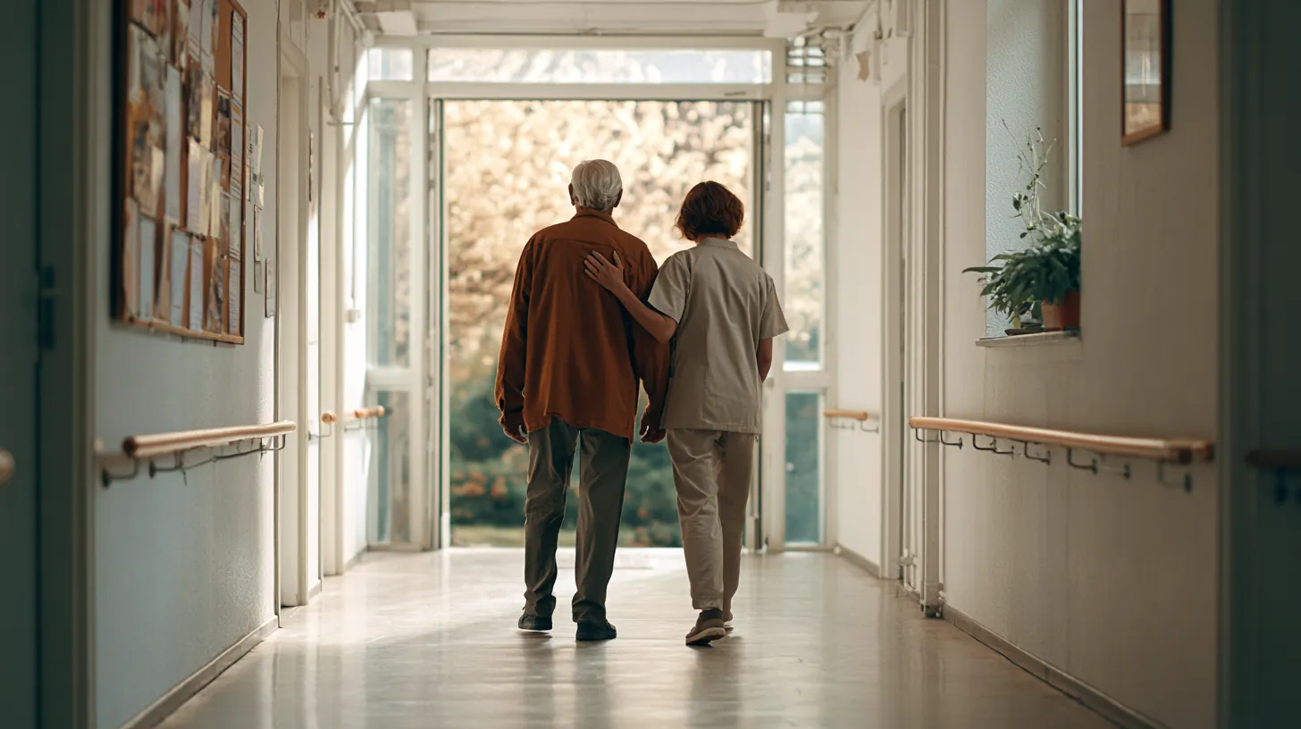 A female caregiver has her arm around an older man as they walk together down a bright senior living community hallway towards large glass doors that open to natural sunlight, conveying trust and support.