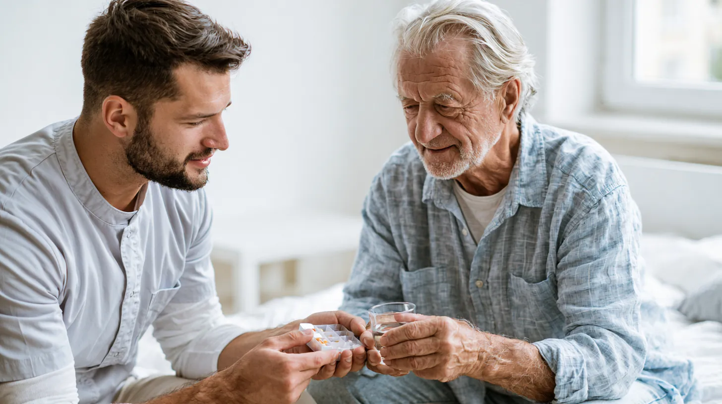 A younger man assisting an older man sitting on a bed with his daily pill organizer and a glass of water.