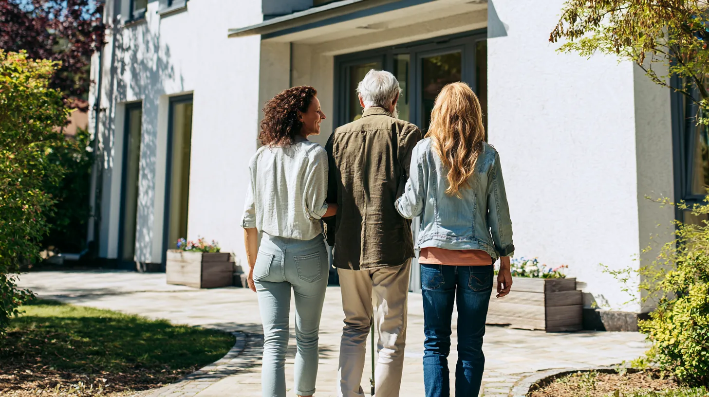An older man walking arm-in-arm with his two adult daughters toward the entrance of a bright, modern senior living community.