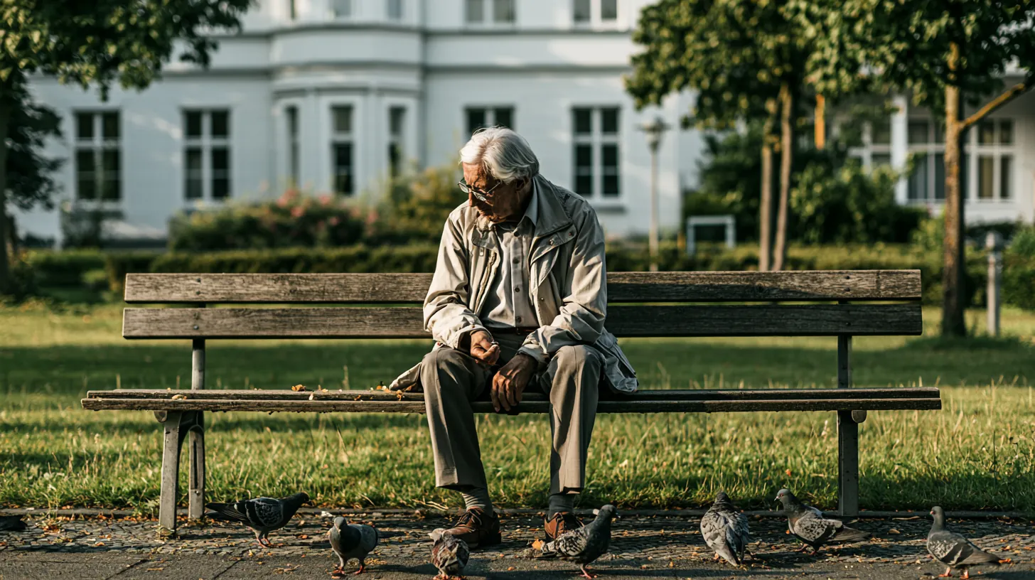 An older man sitting quietly on a park bench outdoors, feeding pigeons on a sunny day.